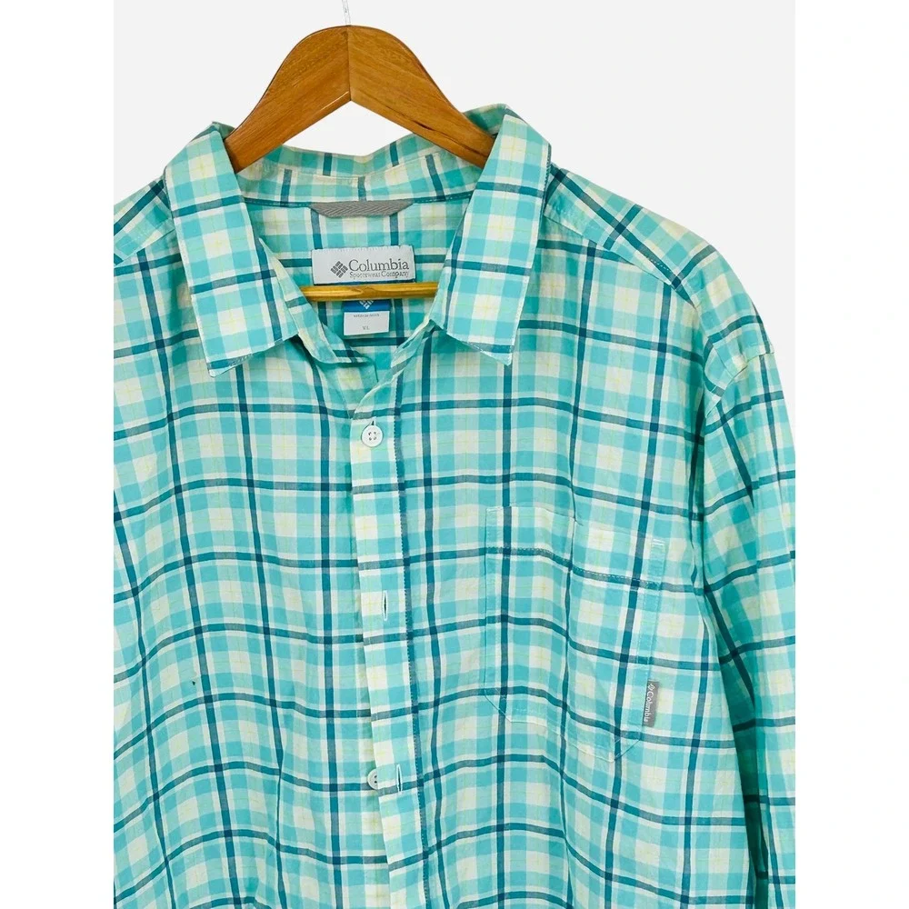Columbia Mens Plaid Button Down Shirt XL Long Sleeve Teal Blue Cotton Casual